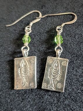 Vintage 925 Sterling Silver Drop Dangle Hand-Stamped Fish Earrings